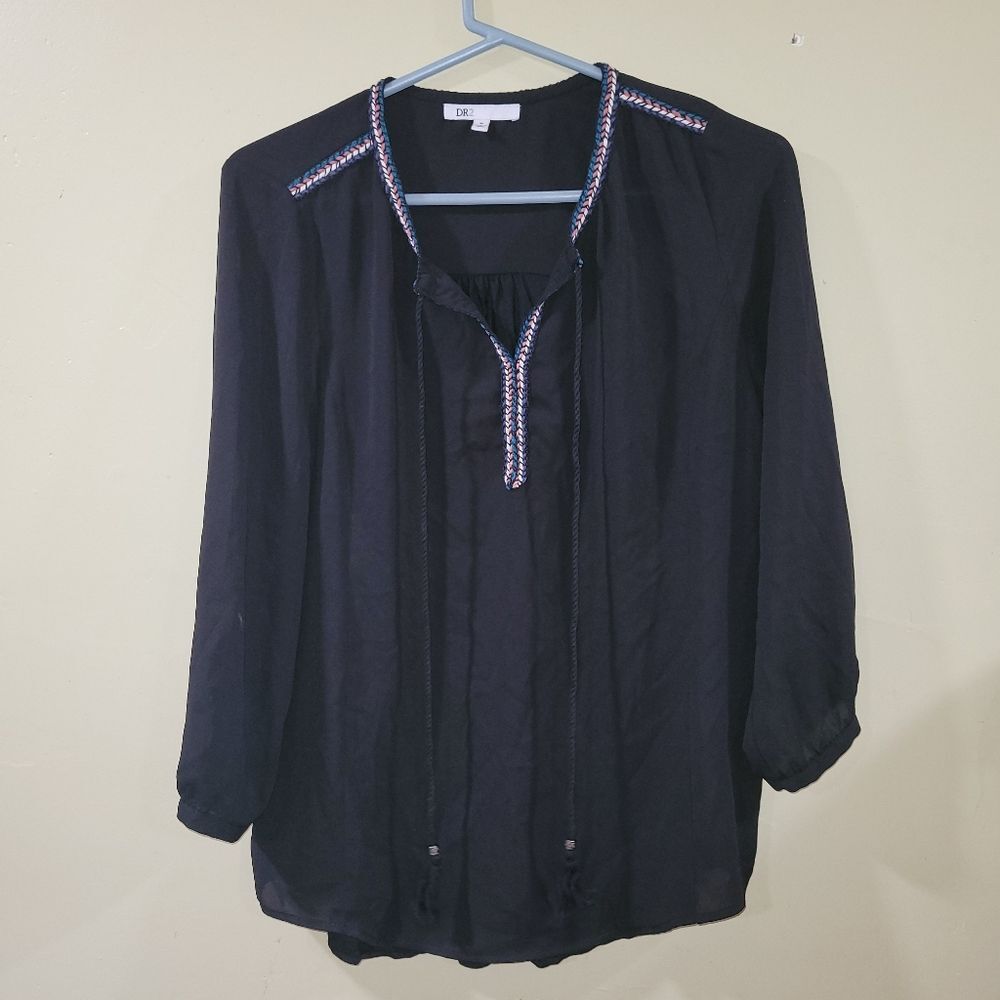 DR2 Size Large Womens Black Long Sleeve Embroidered Flowy Boho Blouse